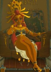 alone anklet armlet bra bracelet bracelets breath_of_the_wild crown dark-skinned_female dark_skin desert female gerudo green_eyes jewelry long_hair looking_at_viewer makeup necklace nintendo no_panties pose princess pubes pubes_exposed pubic_hair pubic_hair_peek red_hair riju sitting sitting_in_chair sitting_on_chair sitting_on_throne teenager the_legend_of_zelda throne throne_room wide_hips