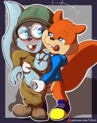 2boys animal_genitalia animal_penis anthro ball_fondling balls blue_eyes blush bottomless clothed clothing conker conker's_bad_fur_day digital_media_(artwork) duo erection fondling gay genitals hi_res male male/male male_only mammal military_hat open_mouth penis rareware rodent rodent_(conker) sciurid sex sheath soldier text tongue tongue_out topwear tree_squirrel url video_games vitrex yaoi