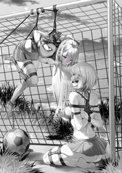 2girls arms_behind_back artist_request ball_gag barefoot bit_gag bondage breasts female femsub frogtie gag multiple_girls multiple_subs rope soccer soccer_ball soccer_net suspension tagme