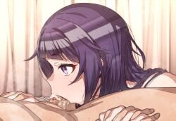 1boy 1girls average_sized_penis blush cum erere fellatio female idolmaster idolmaster_shiny_colors light-skinned_female light-skinned_male light_skin long_hair oral penis purple_eyes purple_hair small_penis straight sweat tanaka_mamimi tongue tongue_out