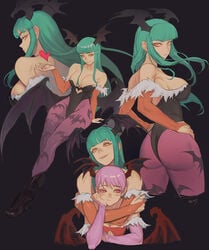 2girls alter_ego art ass back_view bat_print black_background blush capcom cleavage clothing darkstalkers demon_wings elbow_gloves female female_only fingerless_elbow_gloves flat_chest green_hair hands_on_hips head_wings heart heel_boots hi_res hugging_from_behind leaning_on_elbow leotard lilith_aensland long_hair looking_at_viewer looking_away medium_breasts morrigan_aensland morry_evans pantyhose pink_eyes purple_hair purple_pantyhose short_hair sisters succubi succubus wings yellow_eyes