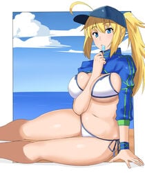 1girls ahoge arm_between_breasts artoria_pendragon beach blonde_hair blue_eyes eyebrows_visible_through_hair fate/grand_order fate_(series) hair_between_eyes hair_through_headwear hat mysterious_heroine_xx_(foreigner) outdoors outside ponytail popsicle shirt_lift solo swimsuit takara_joney wristband