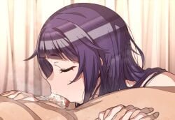 1boy 1girls all_the_way_to_the_base bangs cum cum_in_mouth deepthroat diagonal_bangs erere fellatio female idolmaster idolmaster_shiny_colors light-skinned_female light-skinned_male light_skin long_hair no_gag_reflex oral oral_creampie penis purple_hair small_penis straight sweat tanaka_mamimi