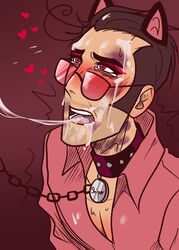 1boy aviator_sunglasses blushing bruised_face bruises cat_ears chains choker clothed cock_hungry collar cum cum_dripping_down_chin cum_in_mouth cum_on_face cumshot dubious_consent eyes_half_open forced forced_oral gay heart heart-shaped_pupils humiliation implied_fellatio implied_oral looking_up male male_focus male_only no_visible_genitalia oral oral_sex pet_collar petplay purple_background shirt_open sniper sniper_(team_fortress_2) sogeki16 solo sweat team_fortress_2 tearing_up tears