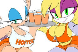 anthro archie_comics big_breasts breasts bunnie_rabbot chiropteran cleavage clothed clothing cybernetics cyborg duo female hooters hooters_uniform lagomorph leporid machine mammal rabbit raccoonshinobi rouge_the_bat shorts sonic_(series) sonic_the_hedgehog_(archie) sonic_the_hedgehog_(comics) sonic_the_hedgehog_(series) waitress zipper