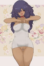 1girls after_shower aged_up big_breasts blush breasts choker dark-skinned_female female_only flower_background hair hair_covering_eye iris_(pokemon) makoto_daikichi nipple_bulge older open_mouth pokemon pokemon_bw pussy smile solo thick_thighs thighs towel