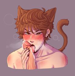 blowjob blush blushing brown_eyes brown_hair cat_ears cat_tail catboy cum_on_penis fellatio licking_cum licking_penis lustlilylusting oc