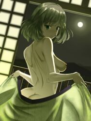 1girls 2021 ass back_view breasts emanon123_(artist) female female_only green_hair hi_res idolmaster idolmaster_cinderella_girls night nipples takagaki_kaede tits