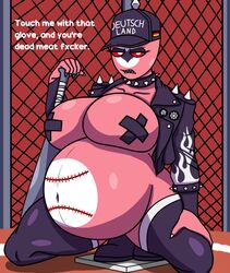 1girls angry annoyed baseball baseball_bat baseball_cap bat belly_button big_belly big_breasts boots collar countryhumans countryhumans_girl ech0chamber english_text female female_only fence glare glaring hand_on_own_thigh hand_on_thigh hat jacket legs_spread legs_together legwear looking_at_viewer nails navel nazi_germany_(countryhumans) nipple_tape open_mouth paint pin pins pregnant red_background red_body red_eyes red_skin sharp_teeth solo spiked_collar squatting talking_to_viewer tape teeth text thighhighs threatening threatening_viewer unbuttoned white_nails white_pupils