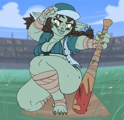 1girls 2021 baseball_bat baseball_cap baseball_stadium big_breasts bikini_top blood blood_stain breasts brown_hair catface dungeons_and_dragons fantasy female female_only freckles goblin goblin_female green_skin kanekuo long_ears pointy_ears shortstack solo solo_female teeth thick_thighs toes tongue_out twintails