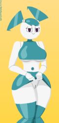 big_breasts breasts invisiblebucket jenny_wakeman looking_at_viewer my_life_as_a_teenage_robot no_panties pixel_art pussy robot robot_girl skimpy_clothes skirt smooth_skin thick_thighs xj-9