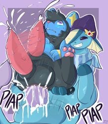 absurd_res anal anal_sex black_body black_fur blue_body bodily_fluids clothing cum cum_in_ass cum_inside duo eeveelution ejaculation erection fur generation_1_pokemon generation_4_pokemon genital_fluids genitals hi_res luxio male male/male male_penetrated male_penetrating male_penetrating_male nintendo penetration penile_spines penis pokemon pokemon_(species) purple_background sex simple_background sound_effects spicykiwi vaporeon