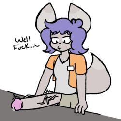 1:1 anthro big_penis bodily_fluids canid canine canis erection flufflewdzthings genital_fluids genitals hand_on_counter huge_cock humanoid_genitalia humanoid_penis hyper hyper_genitalia hyper_penis male mammal name_tag oliver_(flufflewdzthings) penis precum profanity solo text throbbing_penis unwanted_erection vein wolf