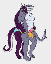 absurd_res anthro blush brock_(goodmoon) clothed clothing dragon duo fish genitals grey_body hi_res horn licking male male/male marine nipples penis purple_body shark sharkiedude simple_background standing tongue tongue_out topless underwear