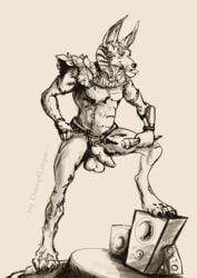 anubis canid canine canis deity egyptian_mythology genitals hi_res invalid_tag jackal knot male mammal masked_singer middle_eastern_mythology muscular mythology penis pose solo speaker