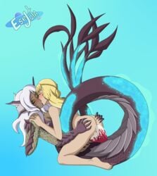 1futa 1girls blonde_hair closed_eyes cowgirl_position cum cum_in_pussy cum_inside diphallia diphallism double_penetration esejota female futanari gray_hair kissing mermaid multi_penis original_character penis