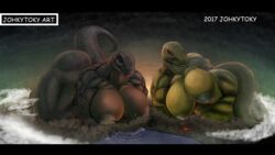 2girls destruction enormous_breasts female giantess johkytoky macro muscular_female reptile scalie tagme