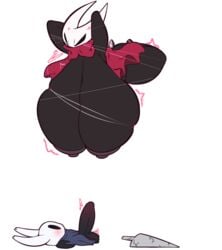 angry big_breasts big_nipples blush boner bound cape cloak erection flustered hanging_breasts hollow_knight hornet_(hollow_knight) huge_breasts large_penis lightningfire12 protagonist_(hollow_knight) red_cape siblings throbbing tied_up