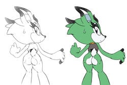 3:2 anthro archie_comics ass bodily_fluids bottomless clothed clothing clove_the_pronghorn dipstick_ears female green_body horn looking_at_viewer looking_back mammal multicolored_ears partially_clothed pronghorn purple_eyes raccoonshinobi simple_background solo sonic_(series) sonic_the_hedgehog_(archie) sonic_the_hedgehog_(comics) sonic_the_hedgehog_(series) standing sweat sweatdrop white_background white_body