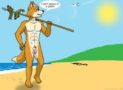 2020 anthro arwing balls beach canid canine casual_nudity dialogue digital_media_(artwork) emperorstarscream english_text fish footprint fox fox_mccloud fur genitals holding_object holding_spear holding_weapon looking_up male male_only mammal marine melee_weapon multicolored_body multicolored_fur nintendo nude orange_body orange_fur outside penis polearm sand seaside solo spear speech_bubble star_fox sun text two_tone_body two_tone_fur video_games walking water weapon wet wet_body wet_fur white_body white_fur