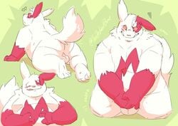 2021 absurd_res all_fours anthro backsack balls blush fur genitals hi_res male multiple_poses nintendo overweight overweight_anthro overweight_male pokémon_(species) pokemon pokemon_(species) pose red_body red_fur solo video_games white_body white_fur zangoose zestibone