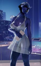 3d asari blue_skin breasts dress female liara_t'soni major_guardian mass_effect nail_polish painted_nails see-through see-through_dress solo white_nails