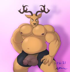 >:3 1boy 2021 :3 absurd_res anthro antlers areola balls barazoku beastars big_pecs brown_body brown_nose bulge cervid clothed clothing flaccid genitals half-closed_eyes hand_on_leg hi_res humanoid_genitalia humanoid_penis looking_at_viewer louis_(beastars) male male_only mammal narrowed_eyes navel nipples orange_eyes pecs penis pink_background presenting presenting_balls presenting_penis simple_background slightly_chubby smile solo standing thick_thighs topless topless_male translucent translucent_clothing translucent_underwear underwear voyagersscrapbook white_background