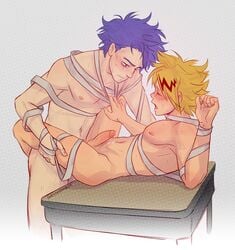 2boys anal anal_sex blonde_hair blush bodily_fluids bondage cum denki_kaminari desk erect_nipples erection gay genital_fluids genitals hitoshi_shinso legs_around_partner male male_only male_penetrated male_penetrating male_penetrating_male my_hero_academia nude nude_male on_desk open_mouth penetration penis precum precum_drip purple_hair scarf sex spicysandmich tied_up yaoi