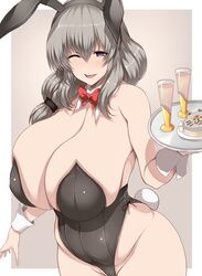 1girls animal_ears big_breasts bow_tie breasts breasts_bigger_than_head bunny_ears bunny_girl bunny_tail bunnysuit corset female female_focus female_only gray_hair hourglass_figure huge_breasts large_breasts long_hair milf mother one_eye_closed simple_background smile solo solo_female solo_focus thick_thighs tsukasawa_takamatsu uzaki-chan_wa_asobitai! uzaki_tsuki voluptuous waitress