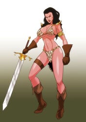 1girls a_princess_of_mars black_hair boots brown_eyes chainmail_bikini cleavage dejah_thoris fit_female gloves huge_breasts john_carter_of_mars loincloth long_hair martian pink_skin red_sonja_(comics) red_sonja_(cosplay) royalty sword wadevezecha warrior