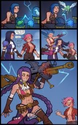 3girls abs arcane arcane_caitlyn arcane_jinx arcane_vi blue_eyes blue_hair blue_hair_female blue_jacket blue_panties blue_underwear blue_uniform breasts bullet bullet_belt bullets caitlyn_kiramman crazy_eyes crazy_look dark_blue_hair earrings envious_look envy female female_focus female_only fusion gasp gasping gun jealous jinx_(league_of_legends) league_of_legends machine_gun markydaysaid nose_piercing panties piercing pink_eyes pink_hair pink_hair_female purple_hair purple_hair_female red_jacket riot_games shocked shocked_expression surprised surprised_expression transformation uniform vi yuri