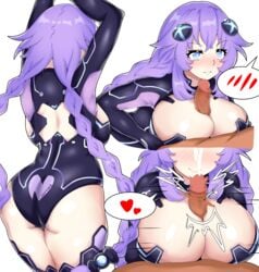 1boy ass blue_eyes blush braid breasts breasts_out_of_clothes breath d-pad d-pad_hair_ornament eyebrows_visible_through_hair female hair_ornament high_resolution large_breasts large_filesize looking_at_viewer male multiple_views neptune_(neptunia) neptunia_(series) nipples open_mouth paizuri penis physisyoon purple_hair purple_heart_(neptunia) semen semen_on_body semen_on_breasts semen_on_upper_body smile solo_focus straight tied_hair twin_braids very_high_resolution