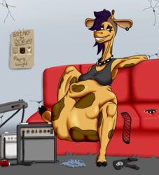 1girls amp anthro anthro_pred belly_bulge big_belly choker clothing couch earrings female_pred giraffe infiniteshades instrument oral_vore piercings poster satisfied sidecut suzy_(infiniteshades) tagme vore