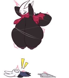 big_breasts big_nipples bound cape cloak hanging_breasts hollow_knight hornet_(hollow_knight) huge_breasts lightningfire12 protagonist_(hollow_knight) red_cape siblings tied_up