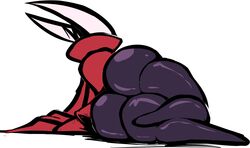 1boy 1girls 2021 anthro ass ass_focus black_skin cloak color digital_media_(artwork) fat_ass fecharis female from_behind hollow_knight hornet_(hollow_knight) insects laying_down laying_on_side looking_away on_side plump red_cloak shadow shiny_skin team_cherry thick_thighs thighs video_games white_background wolflance