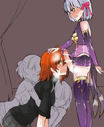 1futa 3girls blush fate/grand_order fate_(series) female female_protagonist fujimaru_ritsuka_(female) futa_on_female futanari gudako hand_on_another's_head headpat hug hug_from_behind kama_(fate/grand_order) larger_female looking_at_penis neusimau open_mouth penis penis_awe pointless_censoring small_dom_big_sub smaller_futanari smile