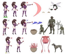 1girl absurdres big_belly breasts brown_hair dog full_body giant_insect goblin health_bar highres huge_breasts implied_bestiality leotard magic male nipples orc original ponytail purple_leotard purple_thighhighs sequential shufflebox standing status_effect tentacles thighhighs torn_clothes torn_leotard wand