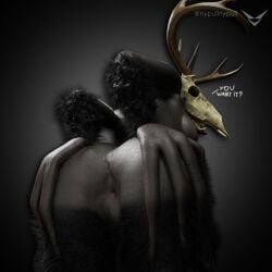 1:1 american_mythology anthro anus anus_peek arm_tuft black_body black_fur bone breasts claws female feral fur genitals grey_background grey_body grey_skin hi_res horn indigenous_north_american_mythology leg_tuft mythology north_american_mythology nypull simple_background skull skull_head text tuft wendigo wet wet_body