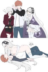 1boy 1girl 2boys absurdres assertive_female bare_shoulders belt black_bow black_eyes black_jacket black_shorts black_vest blush bow breasts censored closed_eyes closed_mouth clothed_male_nude_female clothes_lift coat colored_inner_hair commentary completely_nude detached_sleeves emiya_shirou eye_contact fate/stay_night fate/strange_fake fate_(series) francesca_prelati_(fate) francois_prelati_(fate) ghres girl_on_top gloves grey_hair grey_leotard hair_bow hair_over_one_eye hands_up highres jacket large_breasts leotard long_hair long_sleeves looking_at_another looking_at_viewer looking_down male multicolored_hair multiple_boys naughty_face necktie nipples nude open_clothes open_jacket open_mouth orange_hair patterned_hair pussy raglan_sleeves red_coat ringed_eyes seductive_smile self-upload sex shirt shirt_lift shokobr short_hair shorts simple_background skirt small_breasts smile striped_clothes striped_leotard thighhighs thighs unfinished very_long_hair vest white_background white_gloves white_hair white_shirt white_thighhighs