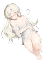 absurdres bangs blush breasts cameltoe cum cum_on_body facial female highres long_hair naked_shirt nipple_slip nipples nose_blush off_shoulder original platinum_blonde_hair pussy rubyaano_(ducl323) shirt simple_background small_breasts solo wavy_mouth white_background white_shirt yellow_eyes