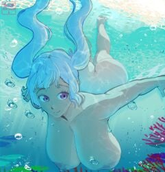 noelle_silva scharlottelambo black_clover 1girls solo female female_only light_skin light-skinned_female big_breasts breasts nipples areolae exposed_breasts no_bra no_panties large_breasts huge_breasts big_areola nude naked completely_nude submerged swimming diving twintails white_hair hair_up feet barefoot legs ass big_ass huge_ass ass_crack air_bubbles cleavage collarbone purple_hair eyelashes wide_eyes smile :) cute full_body highres