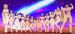 abs animal_ears animal_humanoid areola big_breasts biped black_hair blonde_hair blue_hair breasts brown_hair canid canid_humanoid canine canine_humanoid eyelashes feathered_wings feathers feet female flexing genitals group gynomorph hair hand_on_hip hands_behind_head hi_res humanoid intersex jadenkaiba larger_female long_hair looking_at_viewer mammal mammal_humanoid muscular muscular_female navel nipples nude orange_hair outside penis pupils shadow short_hair size_difference smaller_female smile standing thick_thighs toes wide_hips winged_humanoid wings