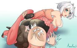 ass blue_eyes breasts elphelt_valentine female gloves head_between_thighs headscissor looking_at_partner male neck_snap shorts white_hair