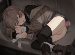 1boy anal anal_object_insertion androgynous ass bikini bikini_bottom_pull black_sweater black_thighhighs blurry blurry_background boots bound brown_boots brown_hair brown_jacket car_interior clothes_pull commentary_request crossdressing crossdressing_(mtf) cum cum_on_ass cum_on_body cum_on_testicles foot_out_of_frame gay gay_male grey_skirt hair_between_eyes jacket jacket_pull long_sleeves looking_to_the_side lying male_focus motion_blur object_insertion on_side open_mouth original panties panty_pull red_eyes restrained sex_toy short_hair skirt solo sunaba_(nczd5875) sweat sweater swimsuit testicles thighhighs thighs tied_up_(nonsexual) tongue tongue_out trap underwear vibrator vibrator_in_anus white_panties yaoi