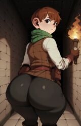 dungeon_meshi chilchuck_tims 1boy male male_only clothing clothed fully_clothed male_focus big_ass big_ass_(male) feminine_body looking_at_viewer looking_back rear_view hallway torch brown_hair short_hair femboy ass ass_focus tight_clothing tight_pants ai_generated mrnails simple_background