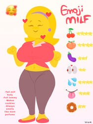 anthro big_breasts breasts character_profile character_sheet curvaceous curvy cute eggplant eggplant_emoji emoji emoji_(race) emoji_milf emojifam_(sssir8) female female_focus female_only giant_breasts large_breasts long_hair milf no_outlines rating reference_image slobbyslapper sssir sssir8 thick_thighs tight_clothing tights wide_hips yellow_body yellow_hair yellow_skin yoga_pants