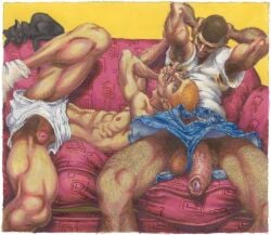 2boys armpit_hair arms_behind_head balls balls_through_leghole brown_hair couch domestic_cat flaccid foreskin gay ginger hairy light_skin male male_only michael_kirwan nipples original penis penis_through_leghole pubic_hair simple_background socks spread_legs torn_clothes traditional_media uncircumcised veiny_penis yaoi yellow_background