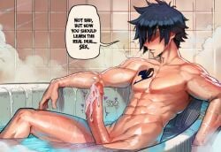 large_penis speech_bubble twitching_penis uncensored bathtub water black_hair completely_nude male_focus hair solo bodily_fluids 1boy english_text sitting pectorals bathing bathroom veiny_penis big_penis cum testicles vein wet male text penis chest_tattoo dialogue tattoo nude veins genitals bath steam muscular_male erection humanoid_genitalia genital_fluids partially_submerged humanoid_penis abs muscular_anthro tile_wall muscular ai_generated amadeus_v comic netorare ntr cheating lucy_heartfilia gray_fullbuster fairy_tail