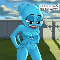 2026 3_fingers age_difference animate_inanimate anthro arm_tuft arm_under_breasts arms_bent big_breasts big_ears big_eyes big_iris black_eyebrows black_eyes black_markings black_text blue_body blue_breasts blue_ears blue_fur blue_sky blue_tail bottomless bottomless_anthro bottomless_female breast_squeeze breasts cartoon_network closed_frown clothed clothing cloud dark_markings daughter_(lore) day detailed_background digital_drawing_(artwork) digital_media_(artwork) domestic_cat duo elbow_tuft elderly elderly_anthro elderly_female english_text eyebrows eyelashes facial_markings fangs felid feline felis female female/female fence fingers frown fur fur_tuft genitals glistening glistening_breasts glistening_eyes grass half-closed_eyes hand_on_hip hand_on_own_hip head_markings hi_res innie_vulva iris larger_female light_body light_fur light_markings living_clothing long_eyelashes looking_at_another looking_down looking_down_at_another looking_up looking_up_at_another mammal markings mary_senicourt mature_anthro mature_female mother_(lore) mother_and_child_(lore) mother_and_daughter_(lore) mouth_closed muzzle_(marking) narrowed_eyes navel nicole_watterson no_pupils noctulov older_female outside parent_(lore) parent_and_child_(lore) parent_and_daughter_(lore) pink_nose plant pointy_ears polygonal_speech_bubble prick_ears public public_nudity red_tongue shadow shoulder_tuft size_difference sky smaller_female snout speech_bubble squeezing standing tail talking_to_another teeth text the_amazing_world_of_gumball thick_eyebrows thick_thighs three-quarter_view tongue tuft vulva whisker_markings white_clouds white_markings white_sclera younger_female