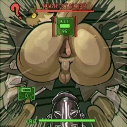 anthro anus areku_al-khemi areye_(artist) backsack balls bottomwear brown_face butt canid canine canis clothing coyote dildo fallout fur gameplay_mechanics genitals gui health_bar hi_res imminent_sex looking_back machine male male/male mammal marshal_(marshalaxis) microsoft night_stalker_(fallout) pants pit_viper question_mark rattlesnake reptile scales scalie sex_toy snake solo tail tan_body tan_fur torn_bottomwear torn_clothing torn_pants v.a.t.s. viper yellow_eyes